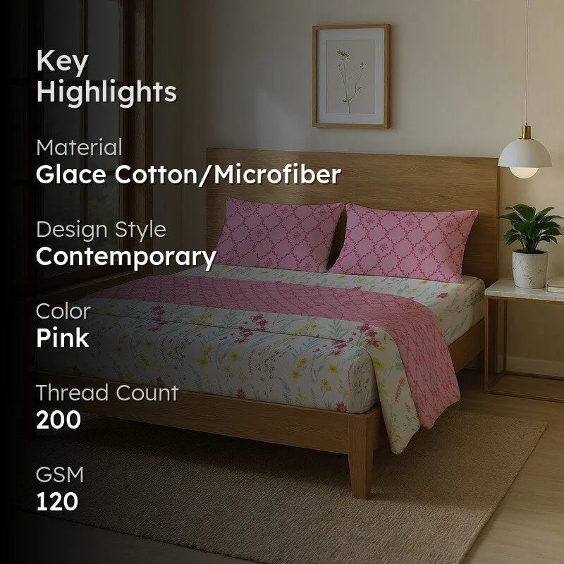Urban Space Floral Pink Glace Cotton,Microfiber Bedding Set (200 TC)  - Four Piece Set media 2