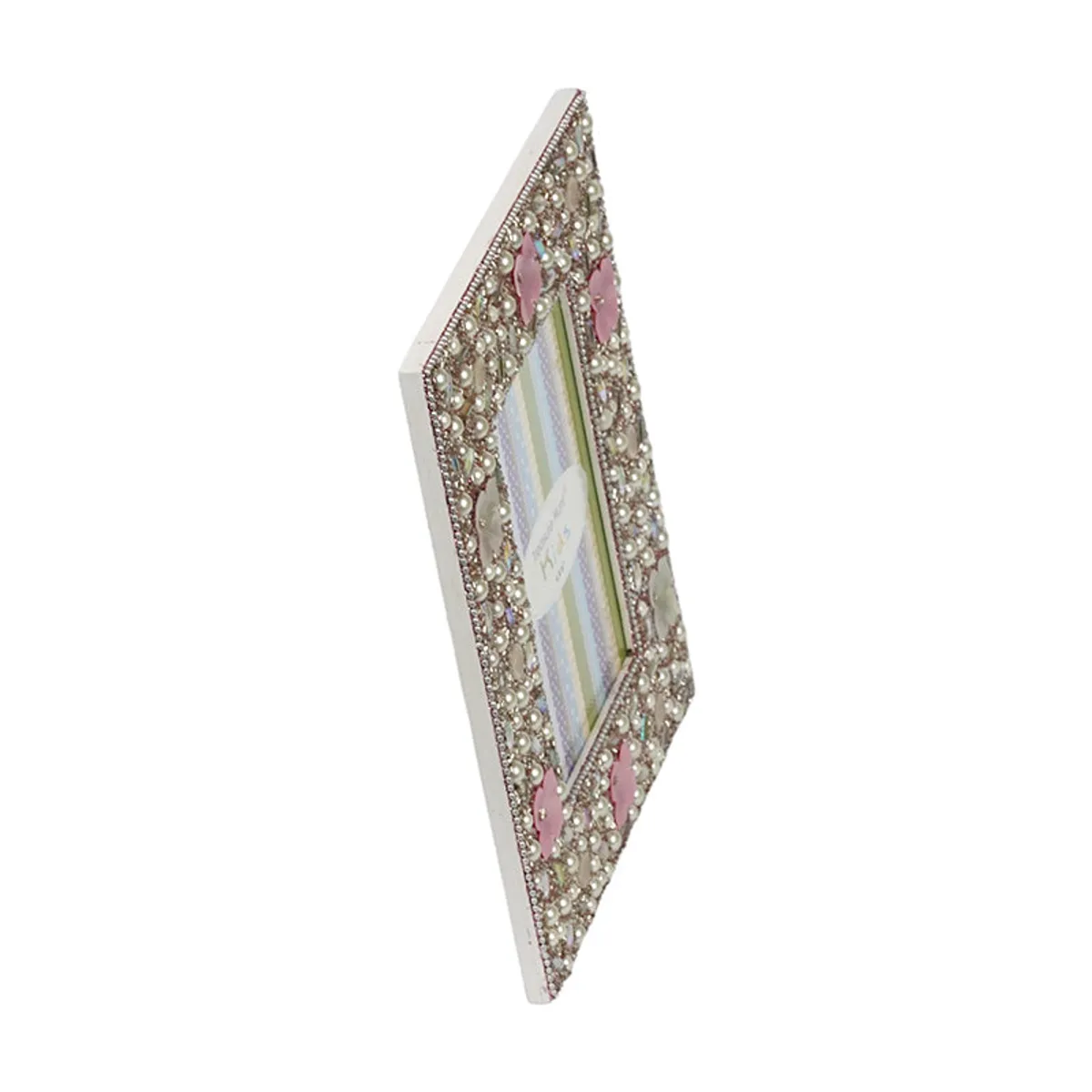 Side view showing the depth and embellished border of the rectangular photo frame.