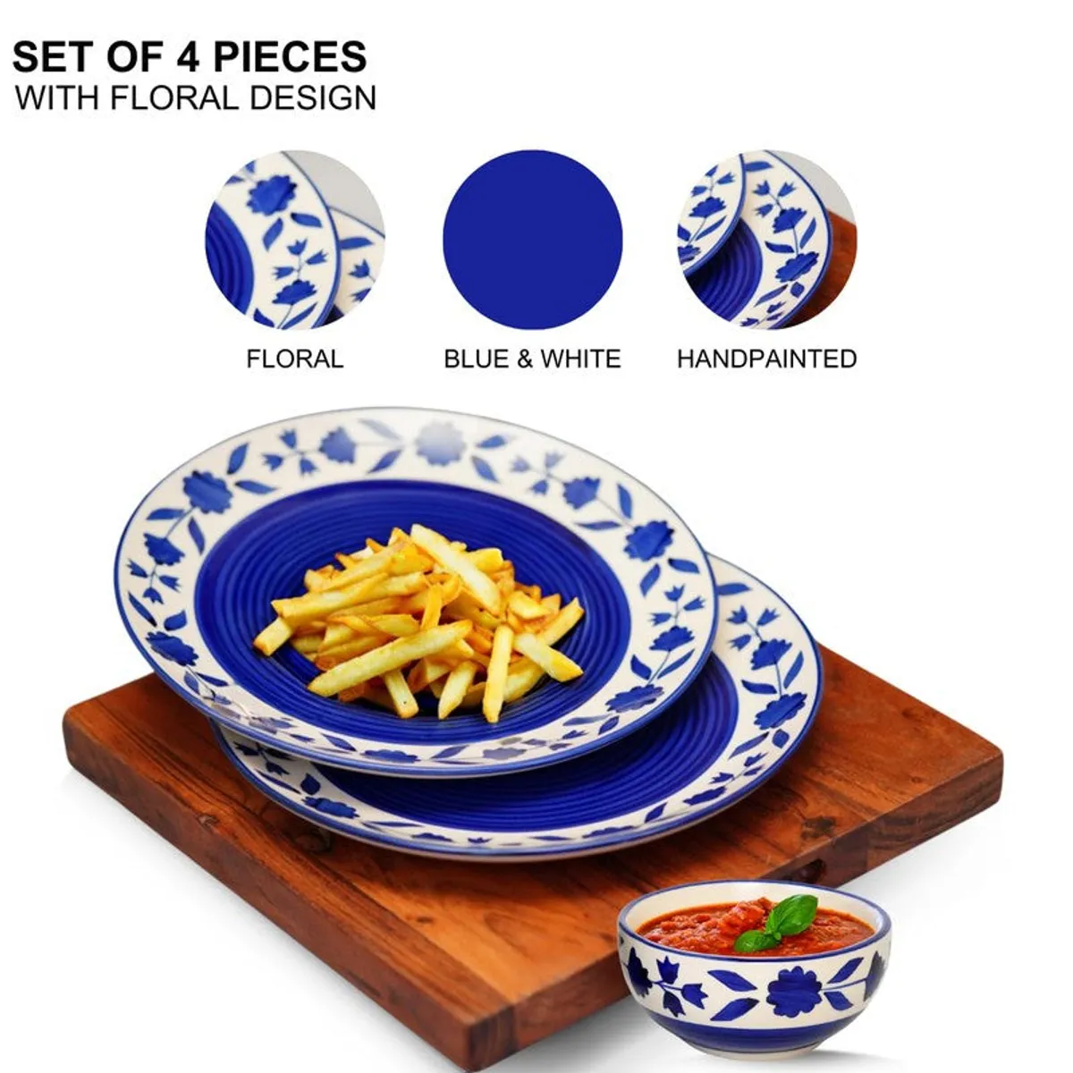 Blue floral ceramic plates and bowl serving food on a wooden board