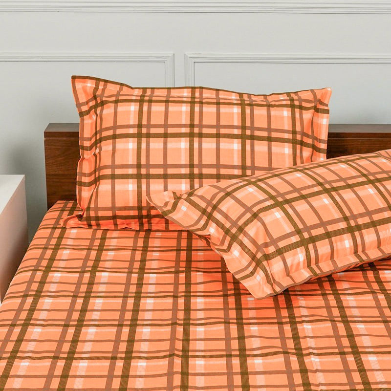 Sanja Checkered Cotton Bedsheet (Orange) - 144 TC media 4