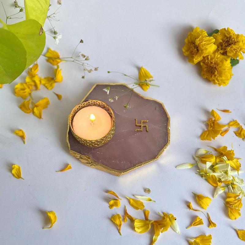 Swastik Handcrafted Agate Tealight Candle Holder - Rose Quartz media 3