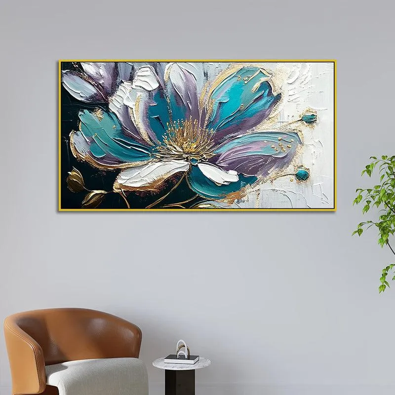 Shades Of Blue Brushstrokes Floral Canvas Wall Painting With Frame - Gold media 3