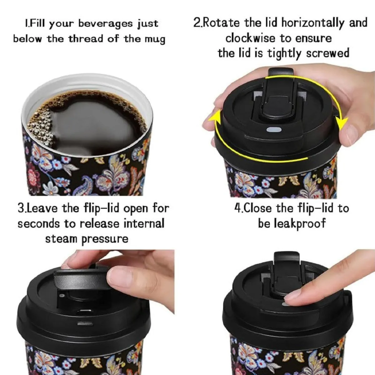 Close-up showing the tumbler's flip lid and drinking opening