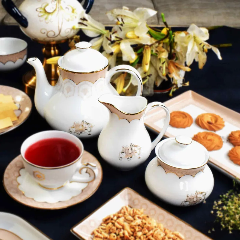 Gilded Legacy 24k Gold Brushed Porcelain Tea Set With Tea Pot (Peach) - Seventeen Piece Set media 3