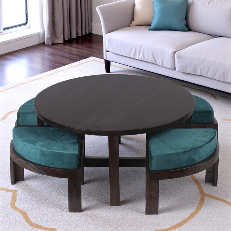 Ixeron Sheesham Wooden Center Table with Stools and Cushions (Blue) - Nine Piece Set