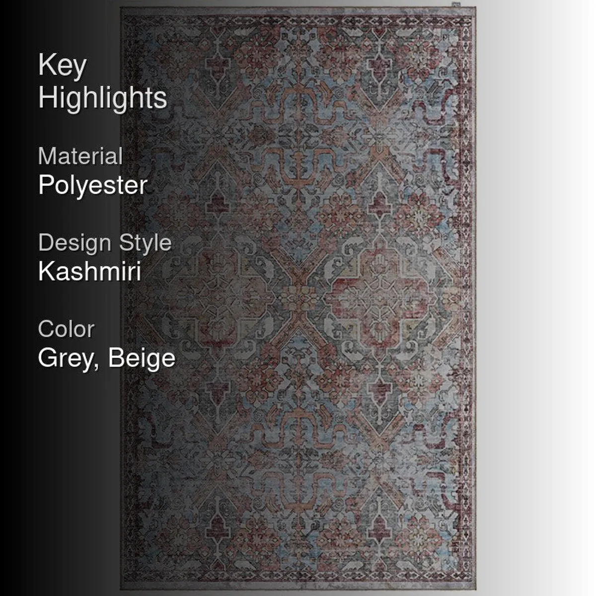 Full view of the patterned carpet with muted multicolour ethnic design