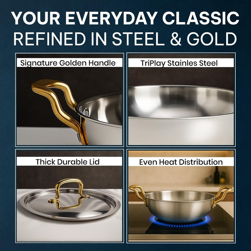 Solara Stainless Steel Kadhai With Lid - 2300 mL/7.2 Inch media 5