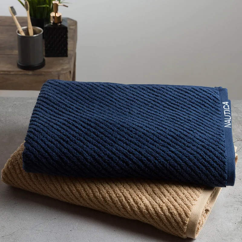 Nautica Riviera Soft Cotton Bath Towel (Navy Blue & Light Tan) - Set Of Two media 4