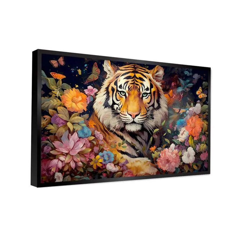 Tiger In Bloom Canvas Wall Painting With Frame - Black media 4