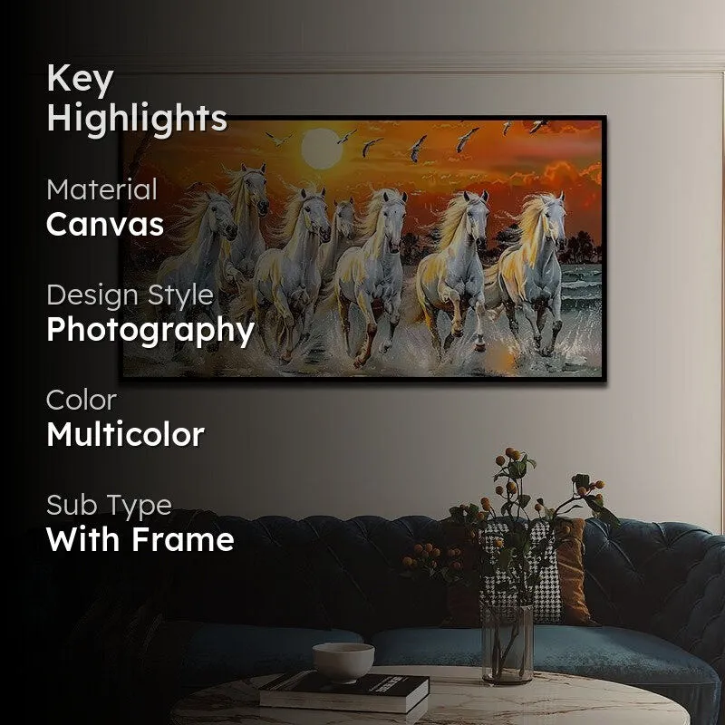 Framed horse sunset wall painting shown with key highlights text overlay