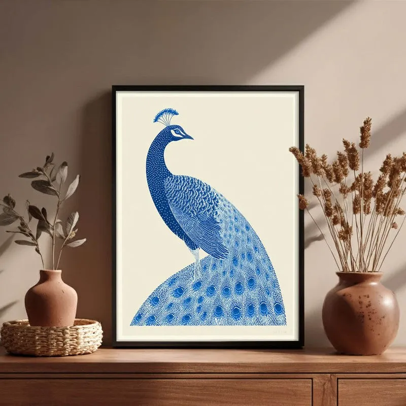 Royal Blue Peacock Canvas Wall Painting With Black Frame media 3