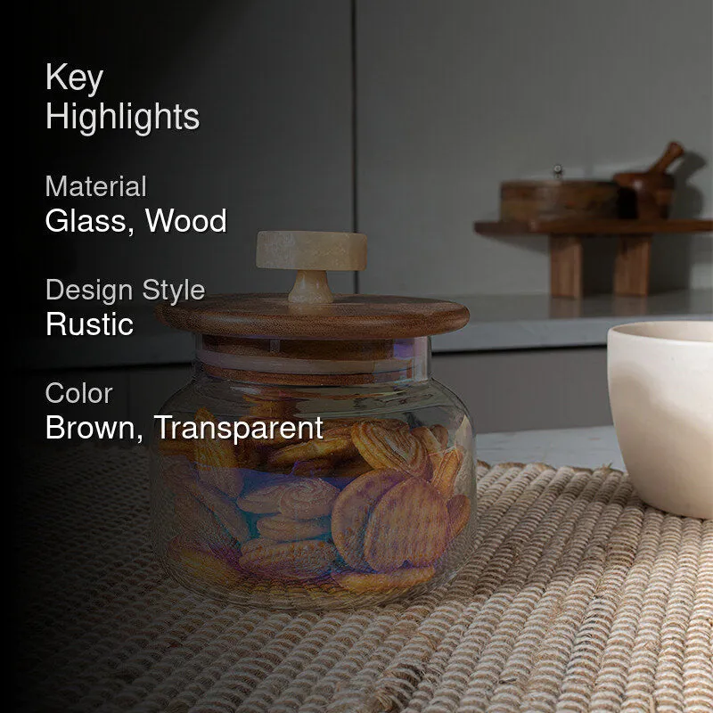 Iridescent glass jar with wood lid shown in a kitchen setting with key highlights