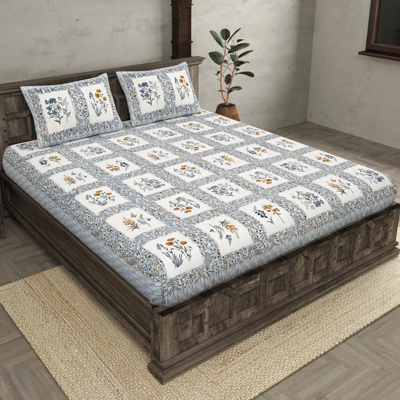 Aditri Floral Printed Cotton Bedsheet (Blue) - 144 TC media 1