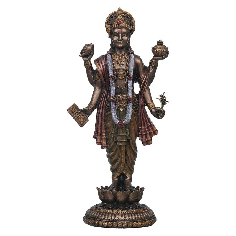 Studio front view of a bronze-toned Dhanvantari idol on a lotus pedestal