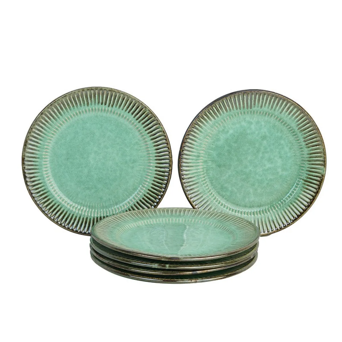 Six green ceramic dinner plates shown stacked with two plates standing behind