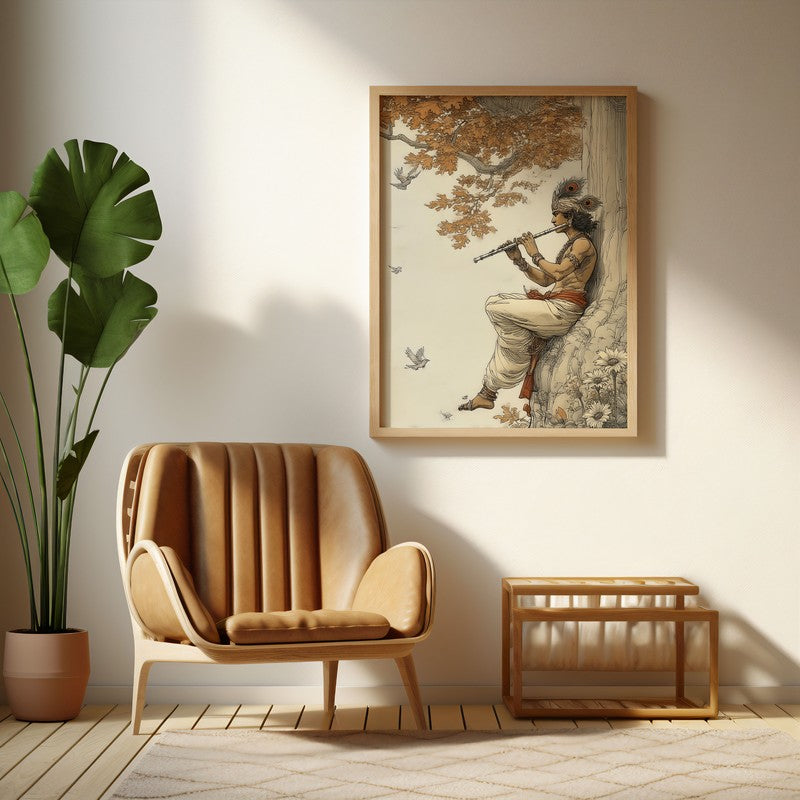 Sri Krishna Blissful Archival Paper Wall Art - Natural Brown Frame