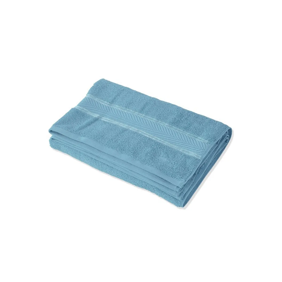Folded dust blue bath towel shown against a white background
