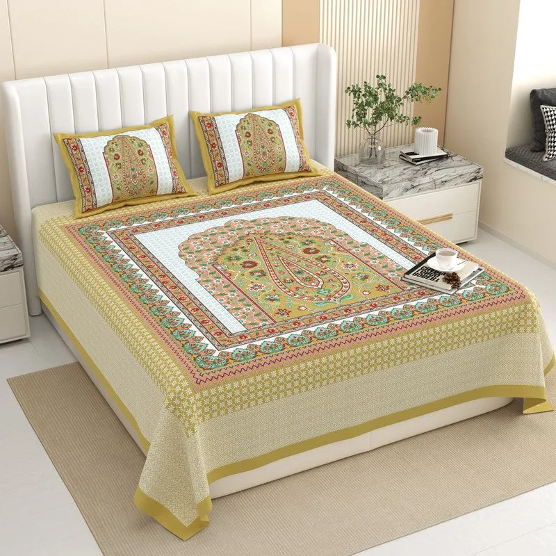 Ethnic Bloomy Cotton Bedsheet (Olive Green,Pink) - 120 TC media 1