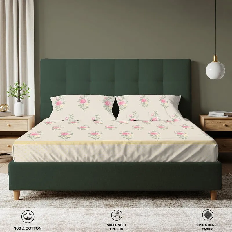 Wide view of off-white floral bedsheet set with pink rose motifs