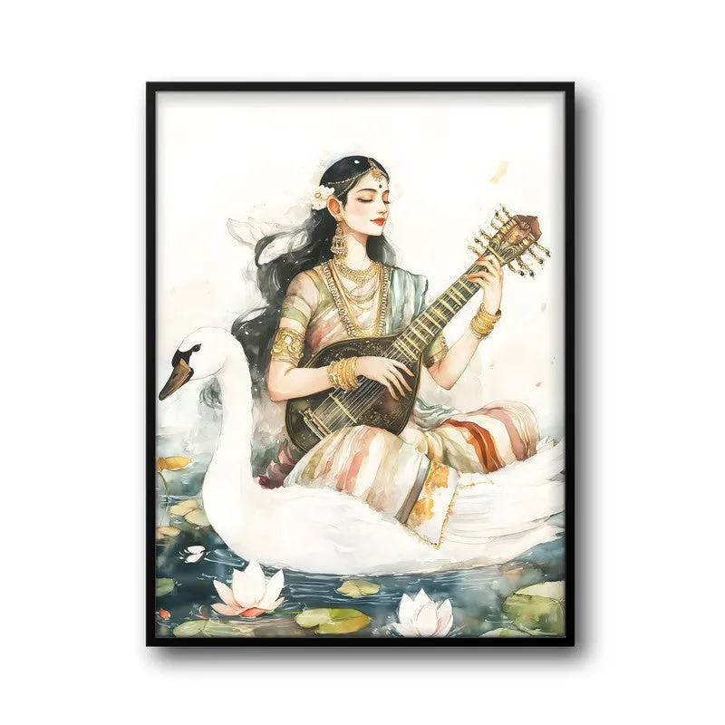 Hamsavahini Saraswati Spiritual Archival Paper Wall Painting With Frame - Black media 5