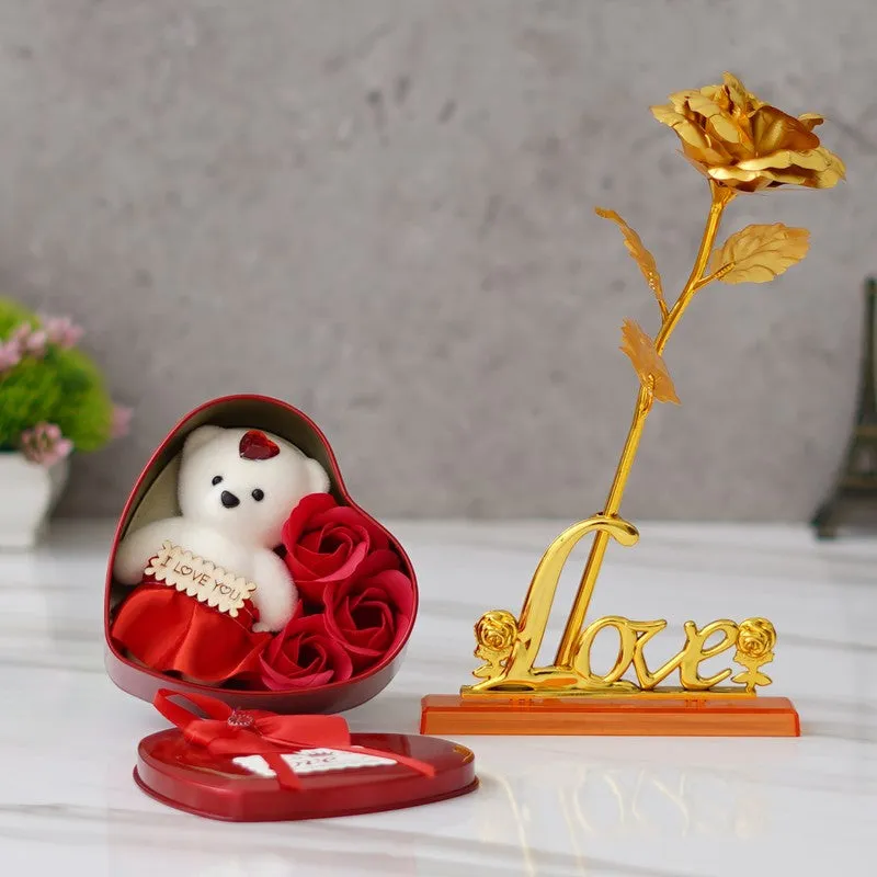 Heart-shaped red keepsake box with teddy, roses and gold rose decor