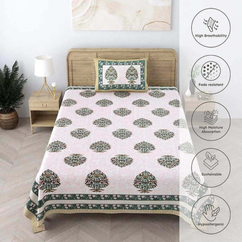 Bedsheet on single bed with printed feature icons shown alongside