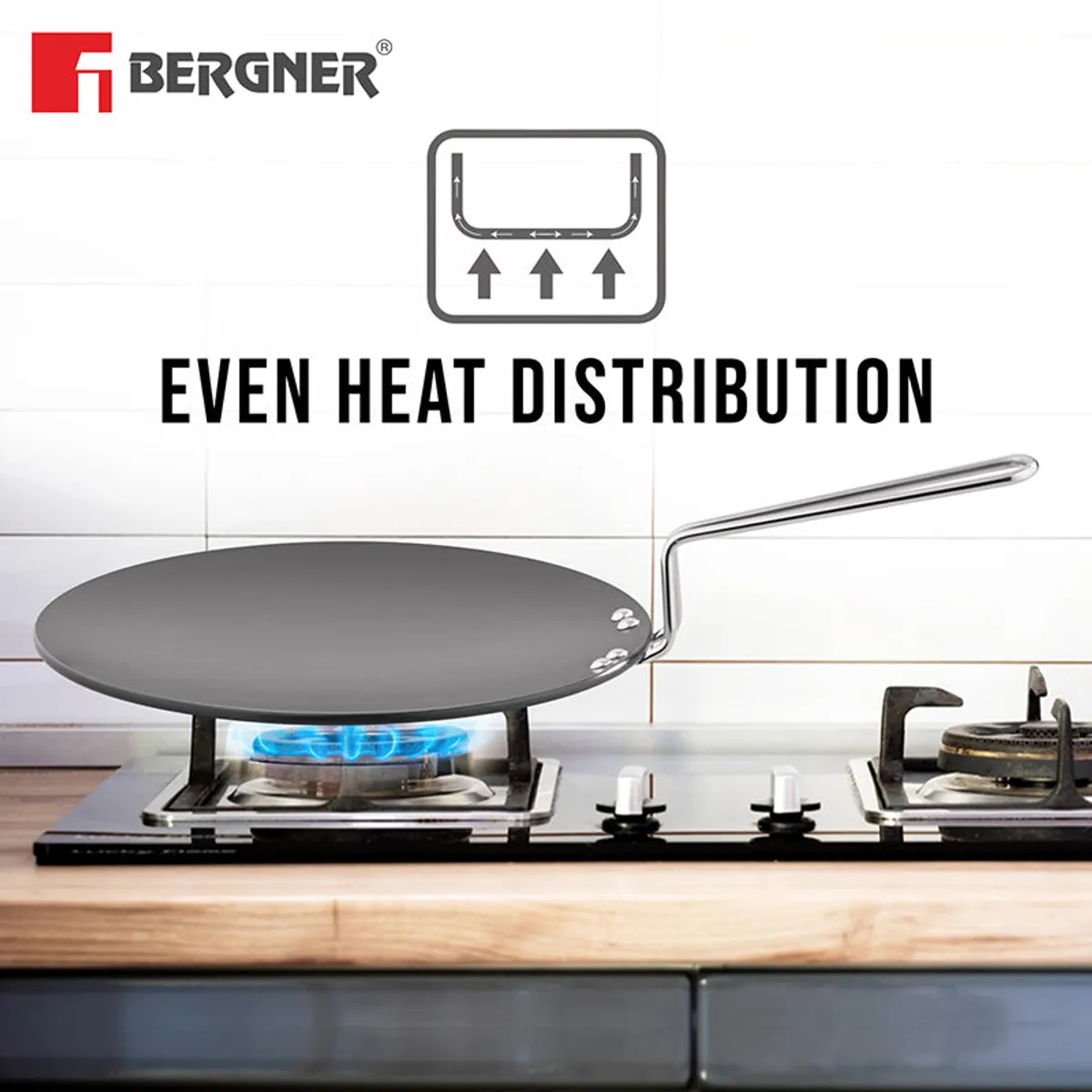 Bergner Roti Tawa on a gas hob illustrating even heat distribution