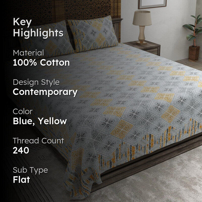 Blooma Cotton Bedsheet (Blue,Yellow) - 240 TC media 2