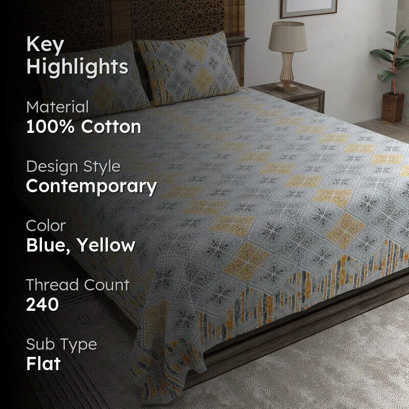 Blooma Cotton Bedsheet (Blue,Yellow) - 240 TC media 2