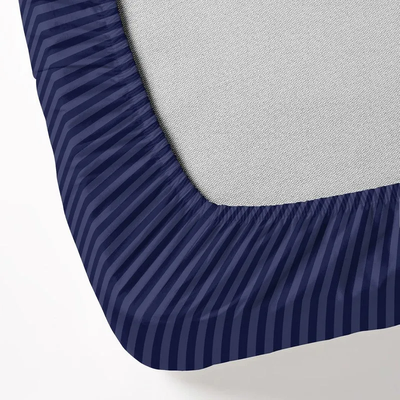 StripeScape Glace Cotton Fitted Bedsheet (Navy) - 130 GSM - 8