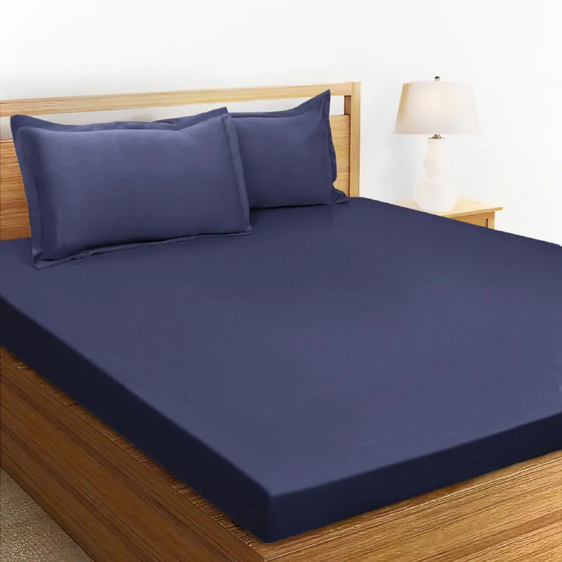 Sanumi Solid Cotton Bedsheet (Navy Blue) - 300 TC media 1