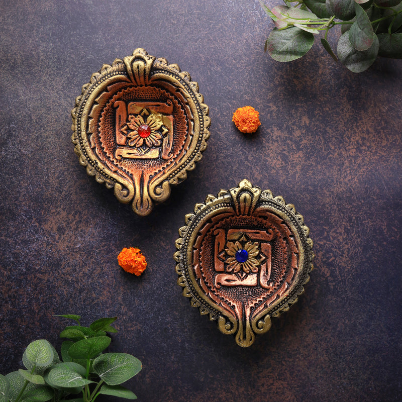 Divine Swastika Terracotta Diya - Set Of Two media 3