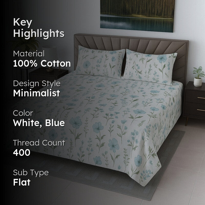 Flora Mist Cotton Bedsheets (Blue) - 400 TC media 2