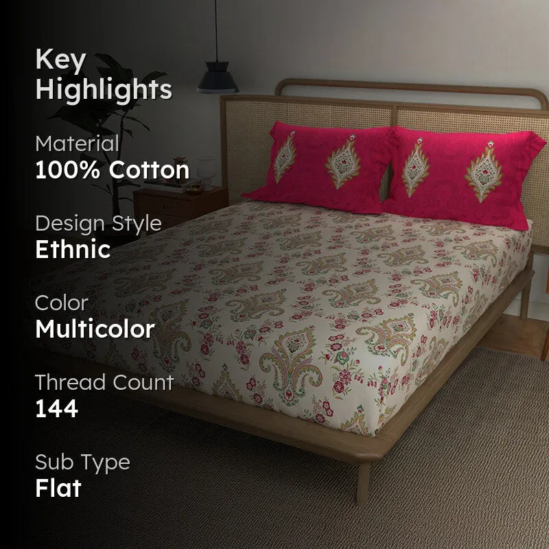 Key highlights graphic showing cotton material, ethnic style, multicolour design and 144 thread count