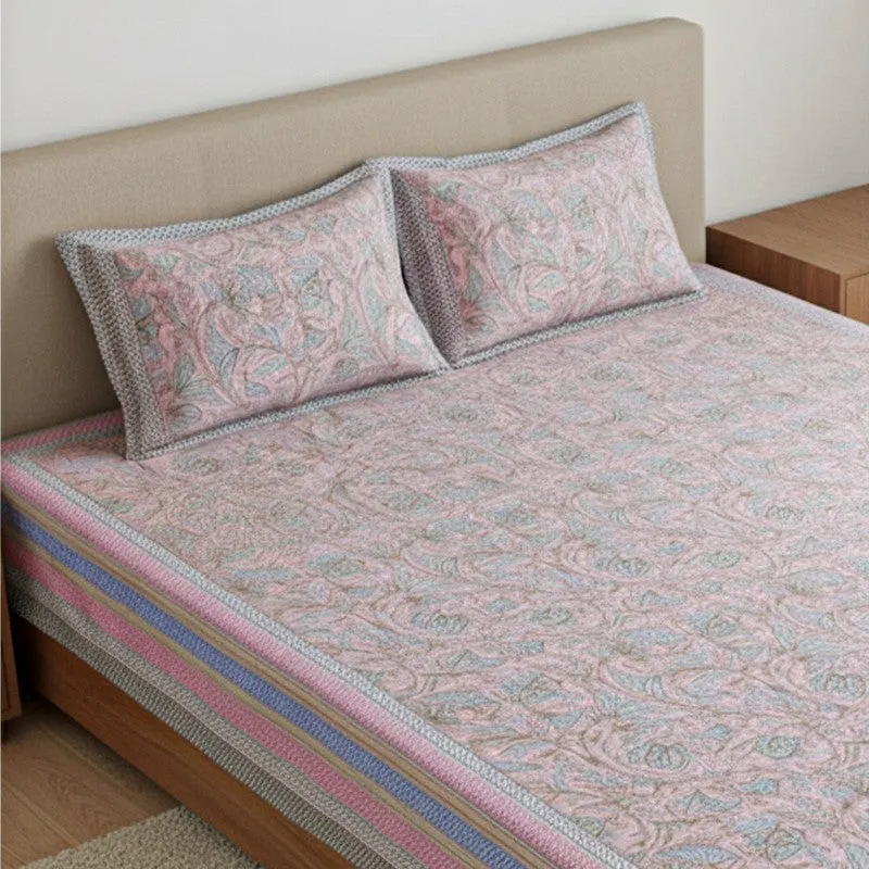 Saagara Floral Cotton Bedsheet (Pink,Blue) - 144 TC media 3