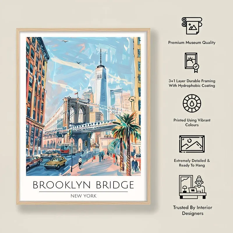 Vintage Brooklyn Bridge Framed Canvas Archival Canvas Wall Painting - Natural Brown Frame media 8
