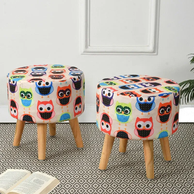 Hootsy Owl Print Multicolor Engineered Wood Ottomans - Set Of Two media 1