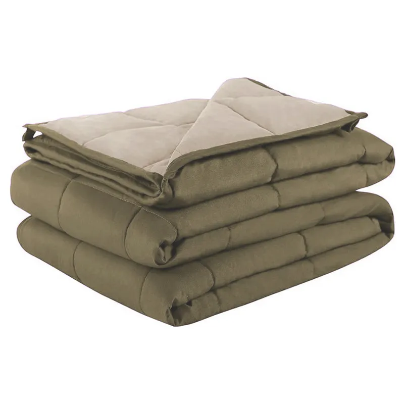 Folded olive-brown comforter showing its quilted layers and reverse side