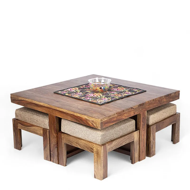 Evrino Sheesham Wooden Center Table with Stools and Cushions (Brown) - Nine Piece Set media 5