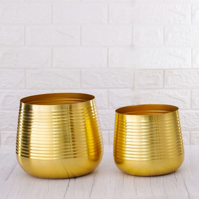 Auric Metal Golden Ribbed Planter - Set Of Two media 4
