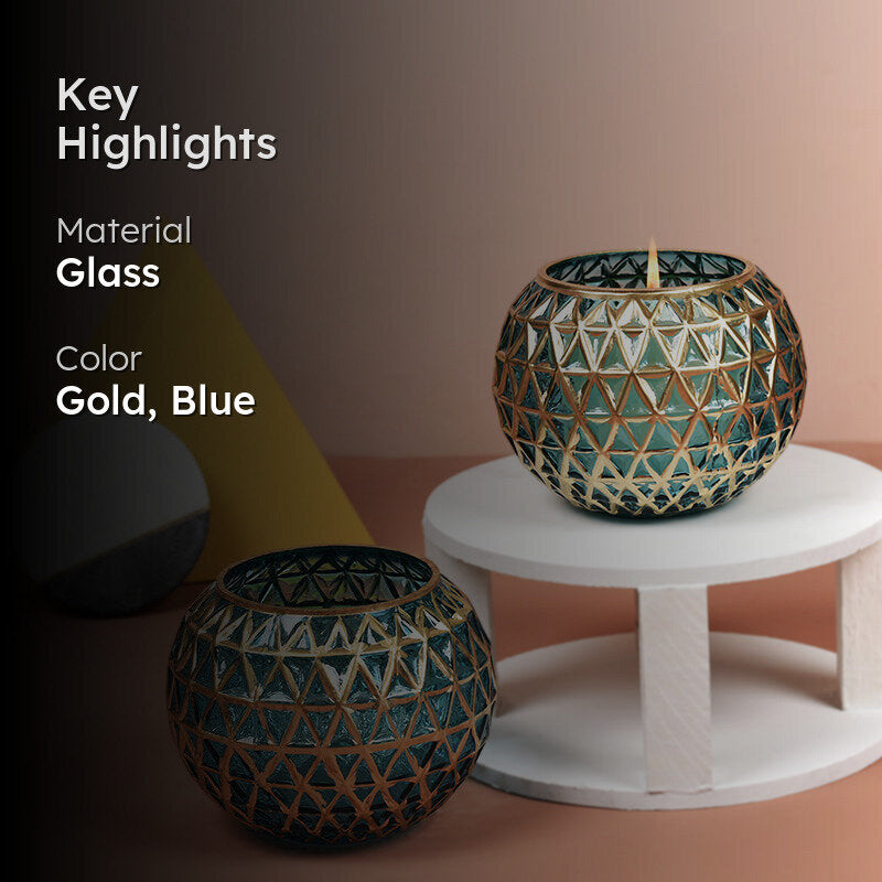 Foiled Sphere Candle Holder (Gold,Blue) - Set Of Two media 2