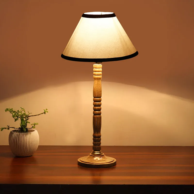 Monochrome Edge Table Lamp With Carved Wooden Base - White,Brown media 2