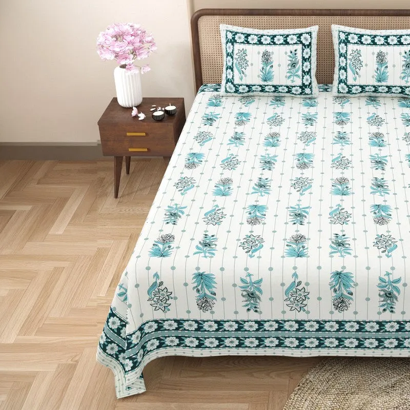 Heritagea Cotton Bedsheet (White,Teal) - 240 TC media 4