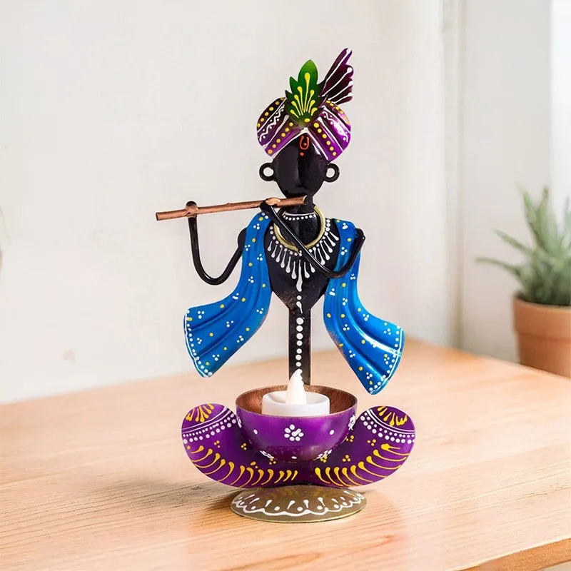 Krishan Iron Figurine with Diya - Blue media 1