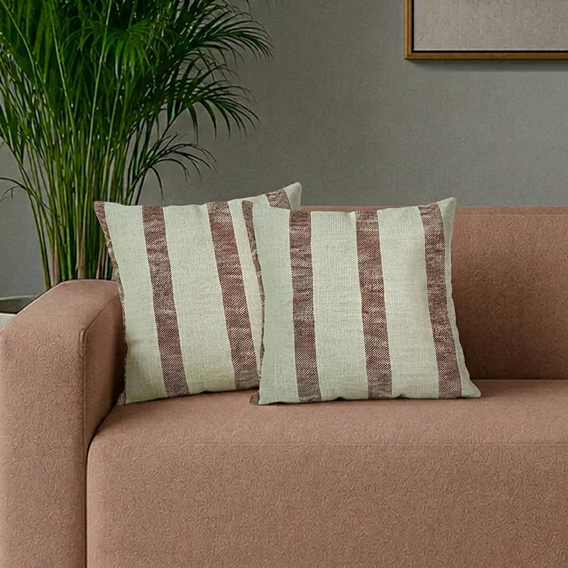 Driftwood Stripes Woven Cotton Cushion Cover (Maroon & White) - Set Of Two media 1