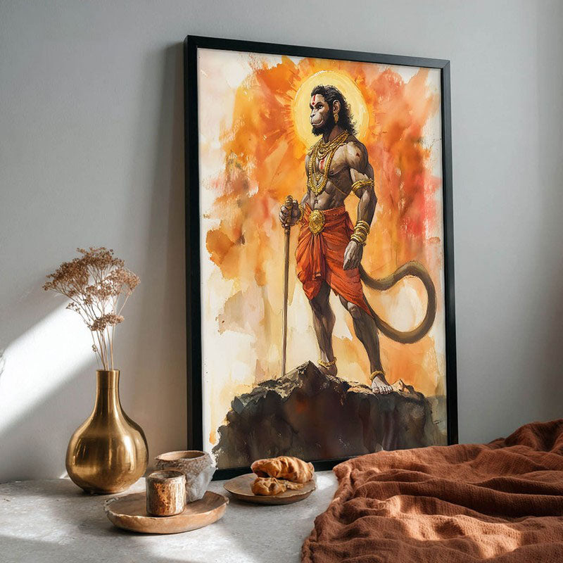 Anjaneya's Leap Spiritual Archival Paper Wall Painting With Frame - Black media 4