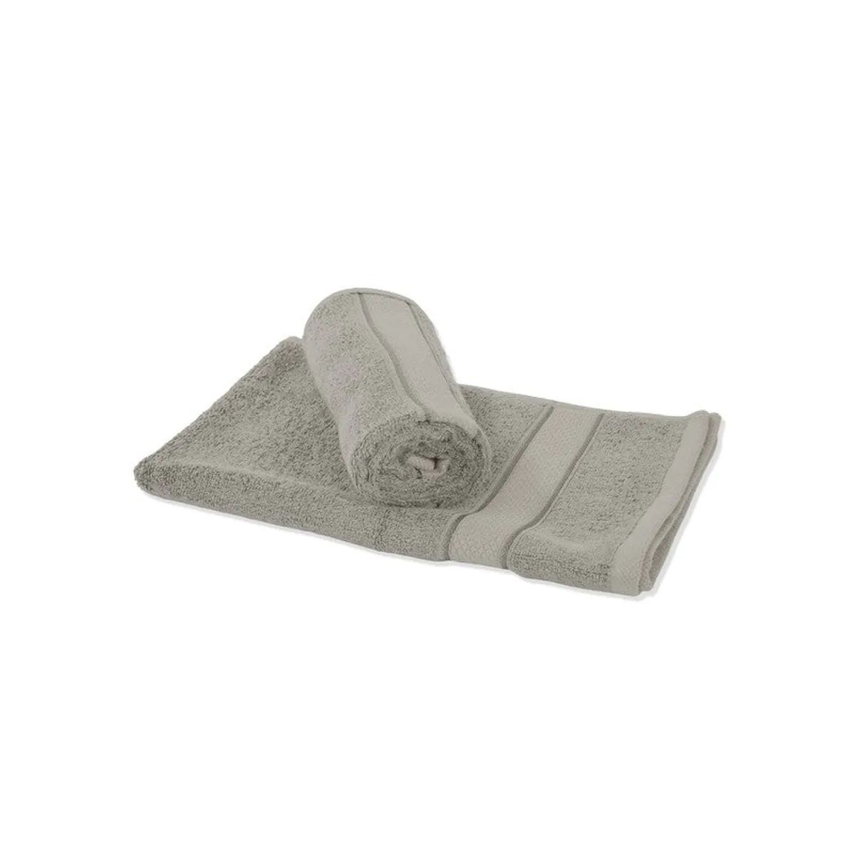 Folded and rolled light grey towels displayed on a white background