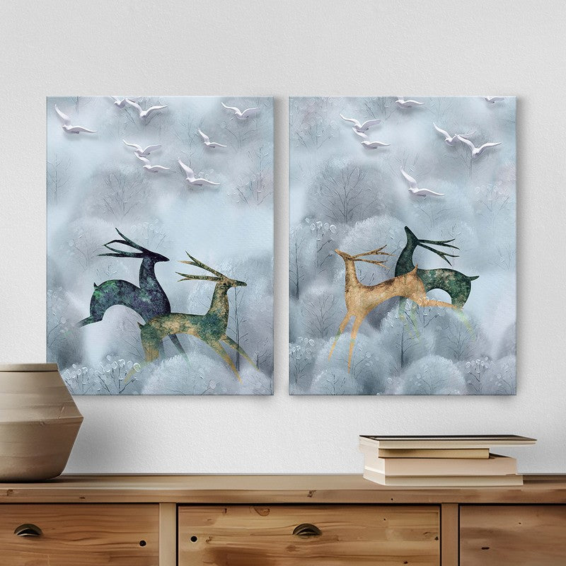 Deers On Cloud Wall Art - Set Of Two