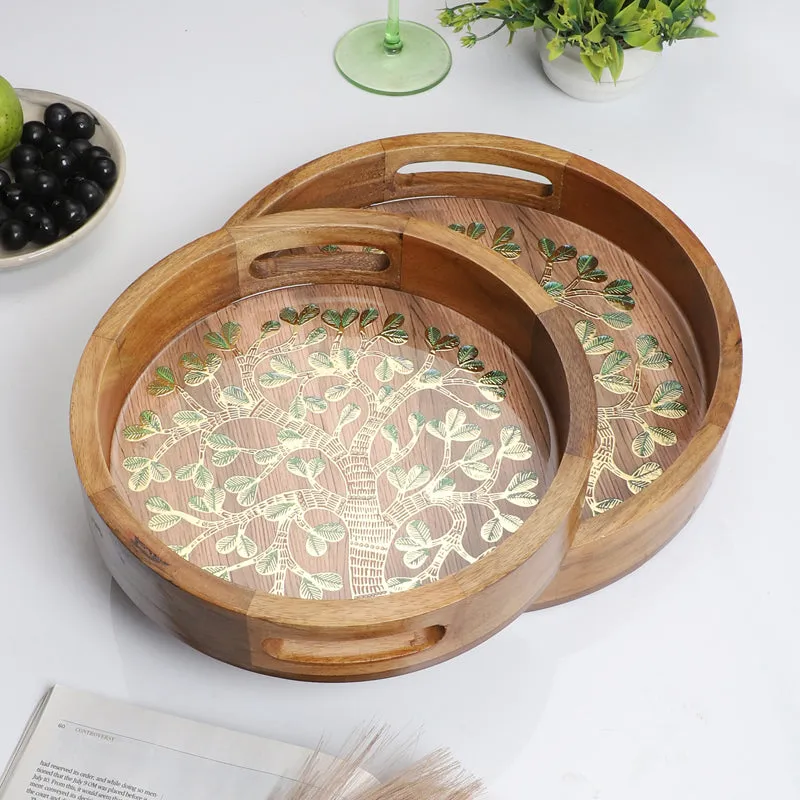 Sona Patta Round Wooden Serving Tray - Set of Two media 1