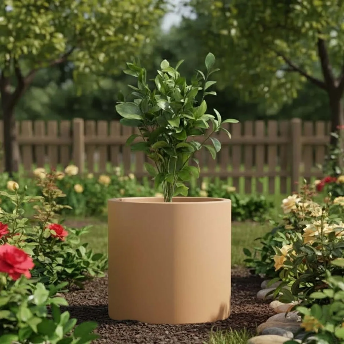 Brown cylindrical planter holding a leafy plant in a garden setting.